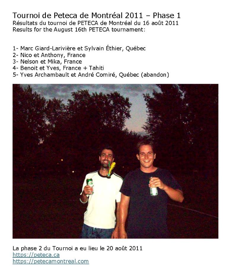 Gagnants de la Phase 1 du Tournoi de Peteca de Montréal 2011