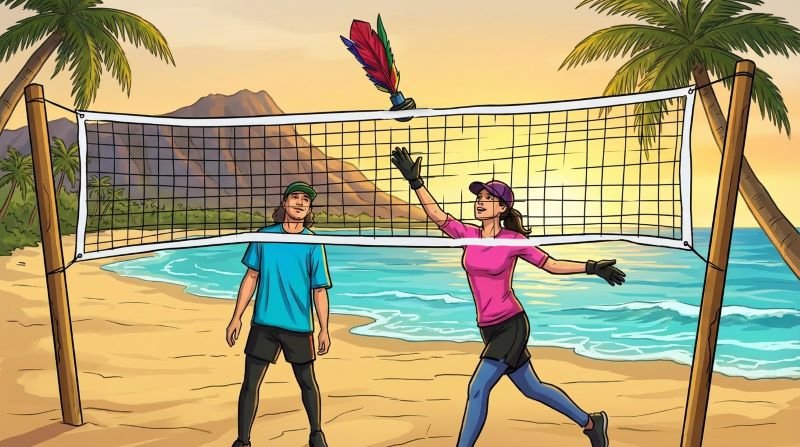 Peteca players on a beach in Hawaii.