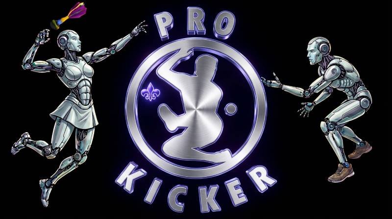 2 robots tapochent des Peteca autour du logo chromé de Pro Kicker